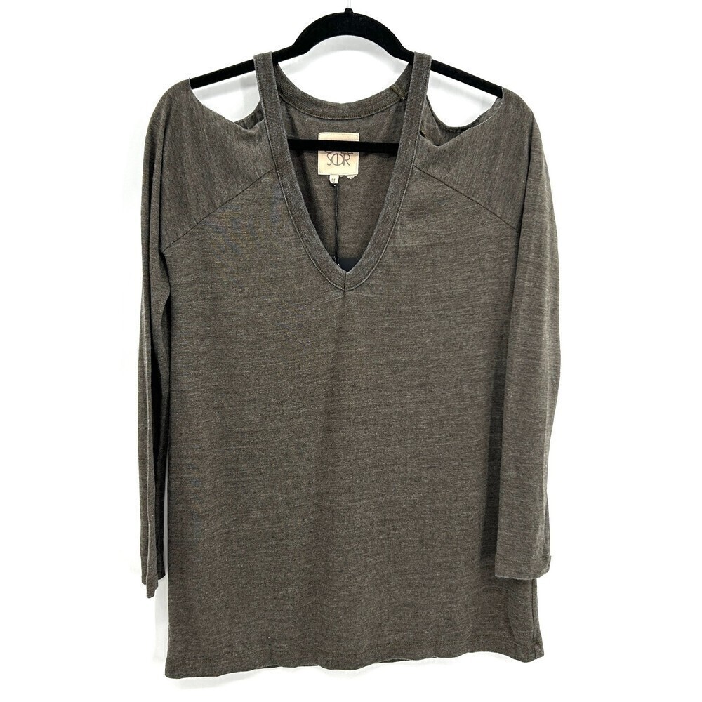 NWT CHASER Brown Gray Jersey Cold Shoulder V-Neck Long Sleeve Shirt Size Medium